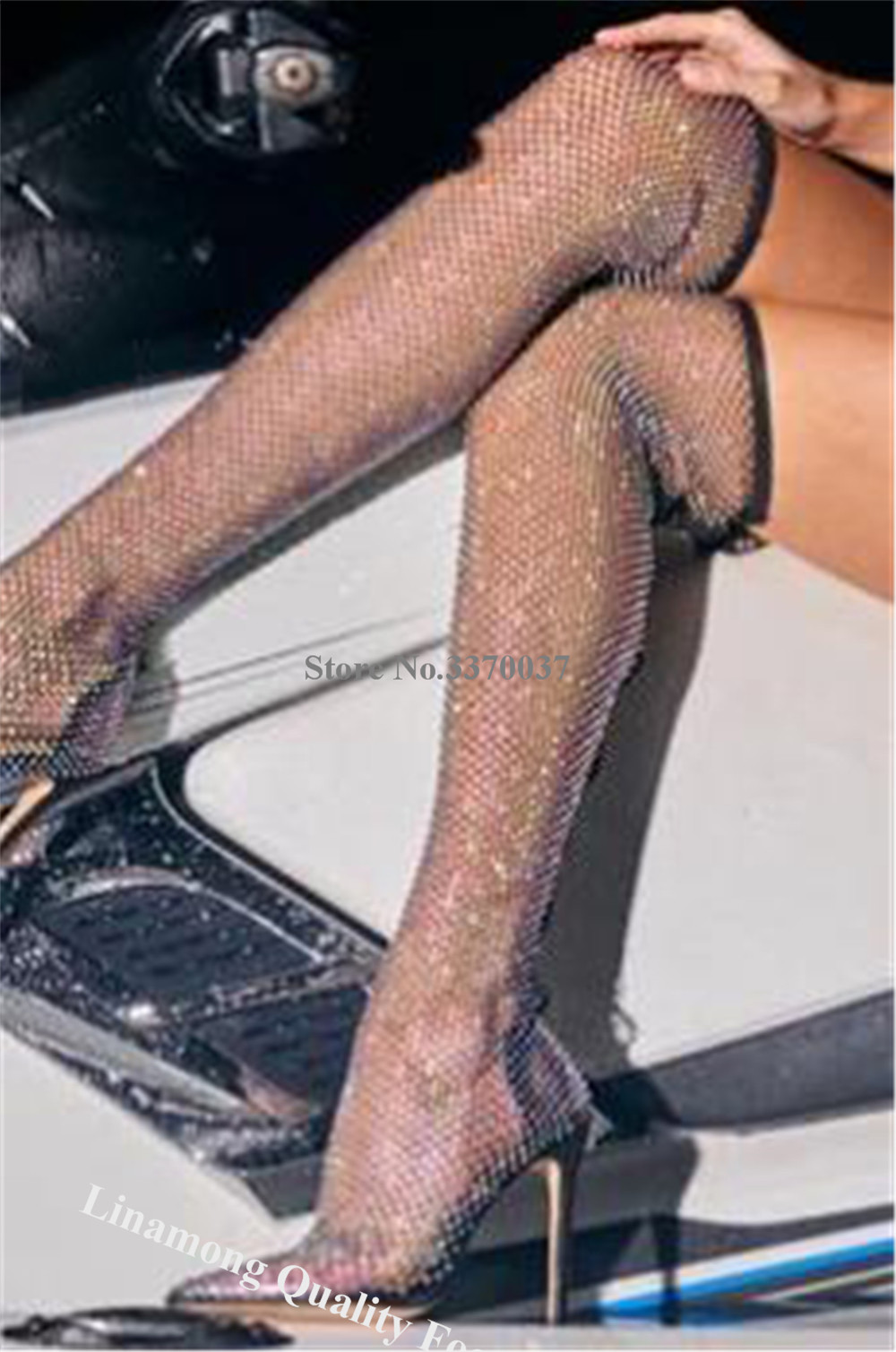 Linamong Rhinestones Mesh Long - Knee High Sock Women review and price